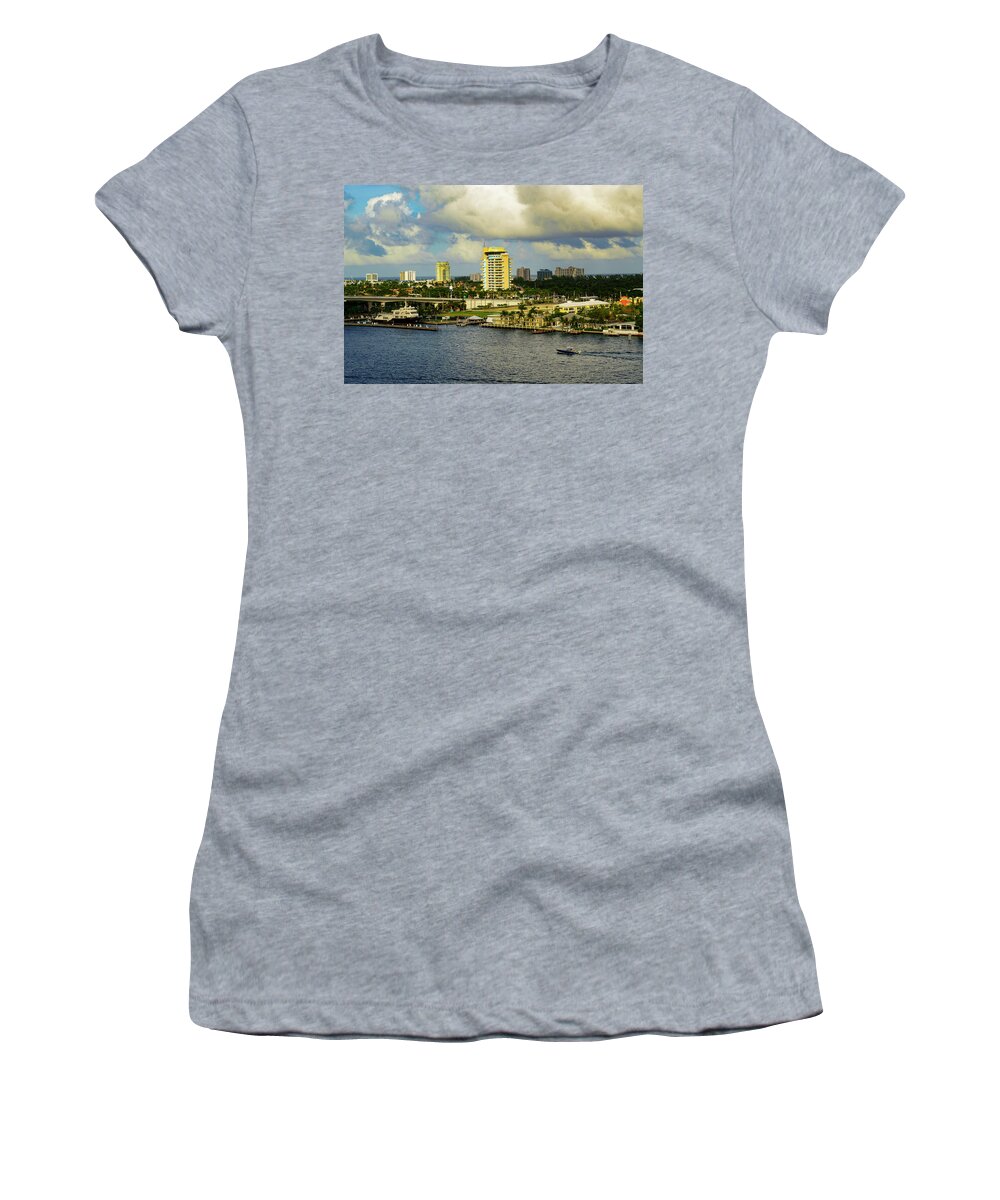 Sun; Color; Clouds; Water; Boats; Buildings; Bridge Skies; Landscape Women's T-Shirt featuring the photograph Clouds Over Fort Lauderdale, Florida by AE Jones