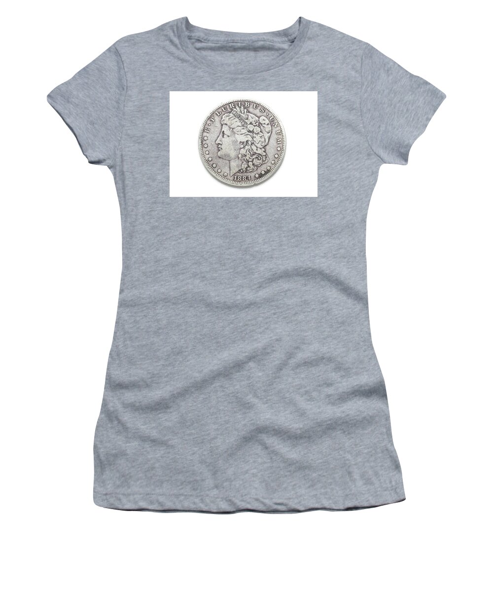 1884 Women's T-Shirt featuring the photograph Coin Collecting - 1884 Morgan Dollar Face Side by Amelia Pearn