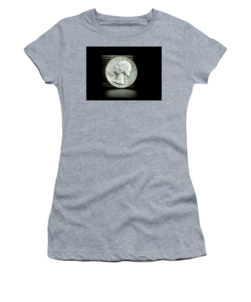Coins Women's T-Shirt featuring the photograph Coin Collecting - 1964 Silver Quarters by Amelia Pearn