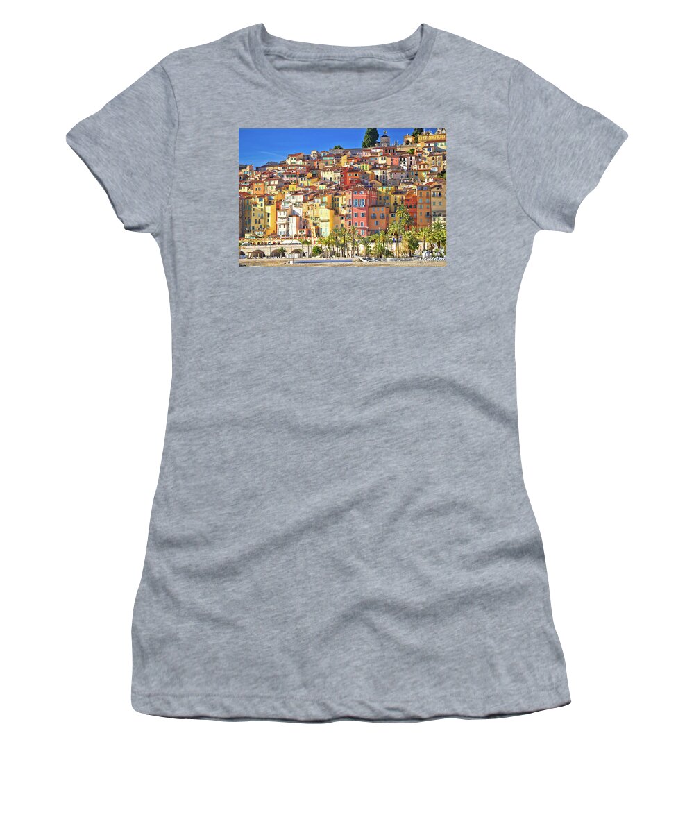 Menton Women's T-Shirt featuring the photograph Colorful facades of Cote d Azur town of Menton beach and archite by Brch Photography