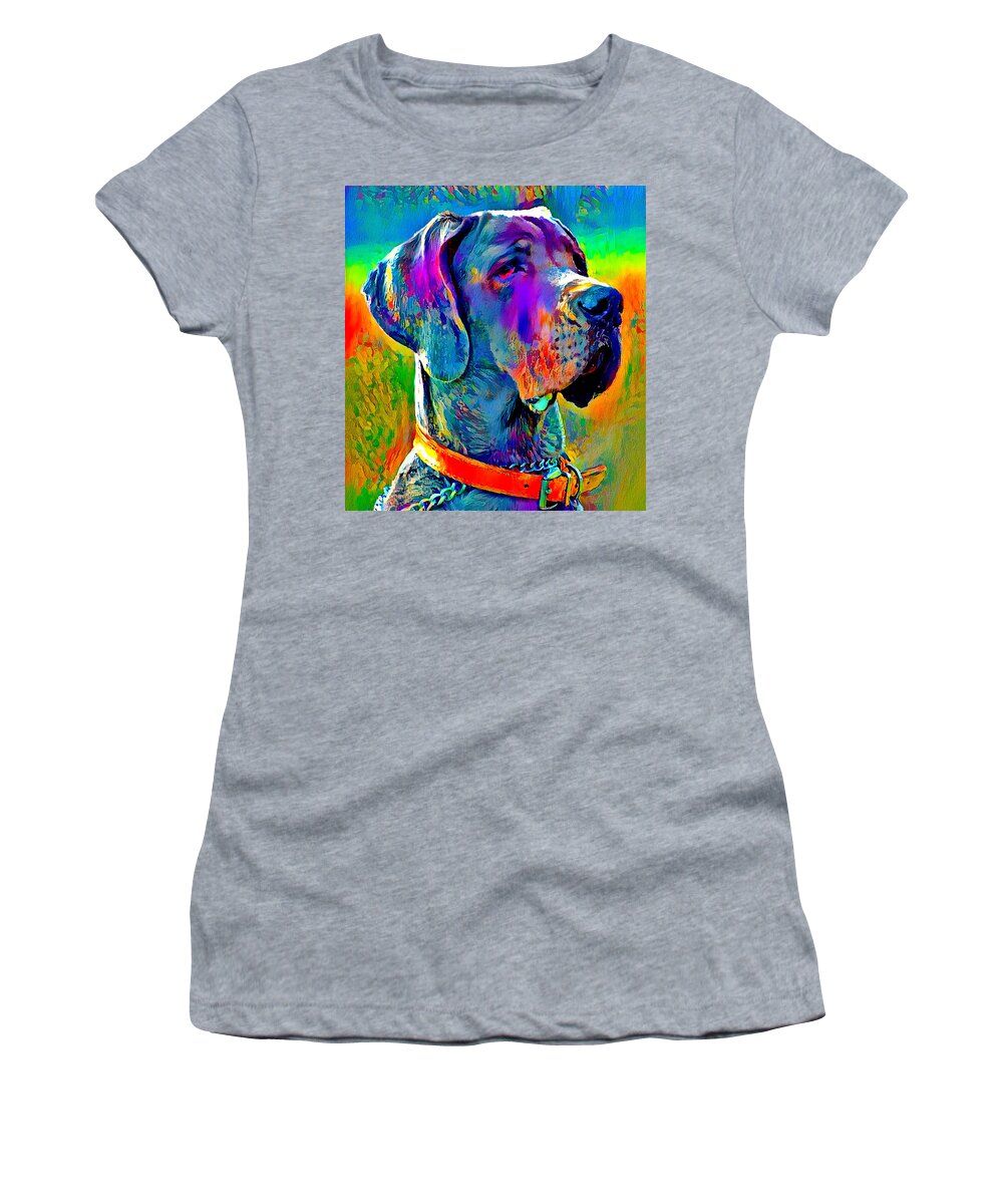 Great Dane Women's T-Shirt featuring the digital art Colorful Great Dane portrait - digital painting by Nicko Prints