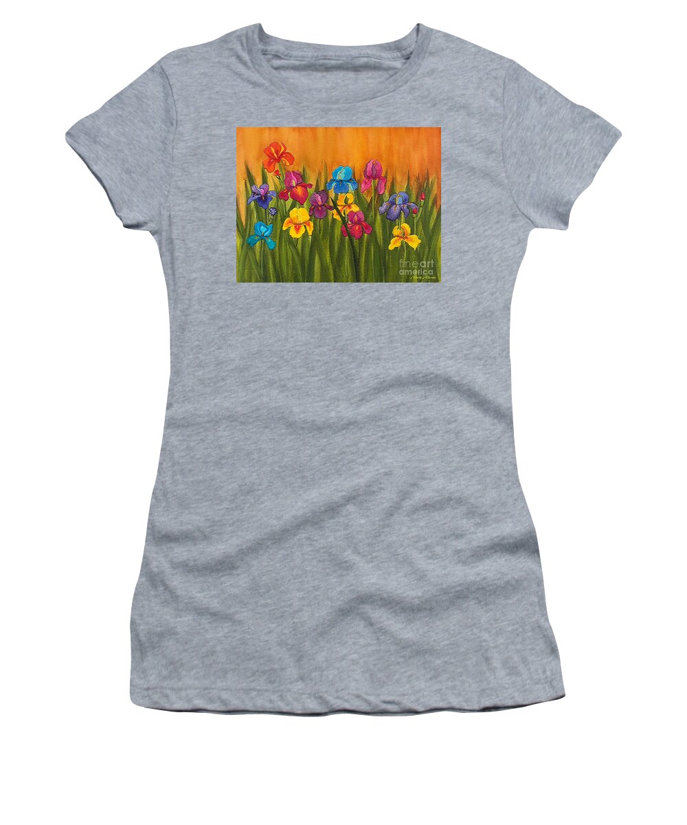 Blue Women's T-Shirt featuring the mixed media Colorful Irises V1 by Marty's Royal Art