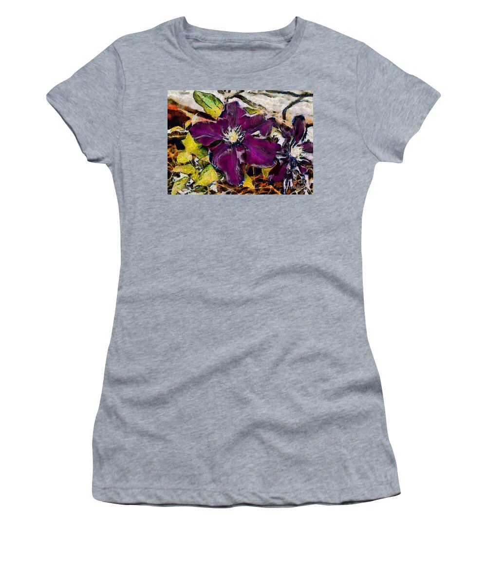 Clematis Women's T-Shirt featuring the digital art Colourful clematis #2 by Fran Woods