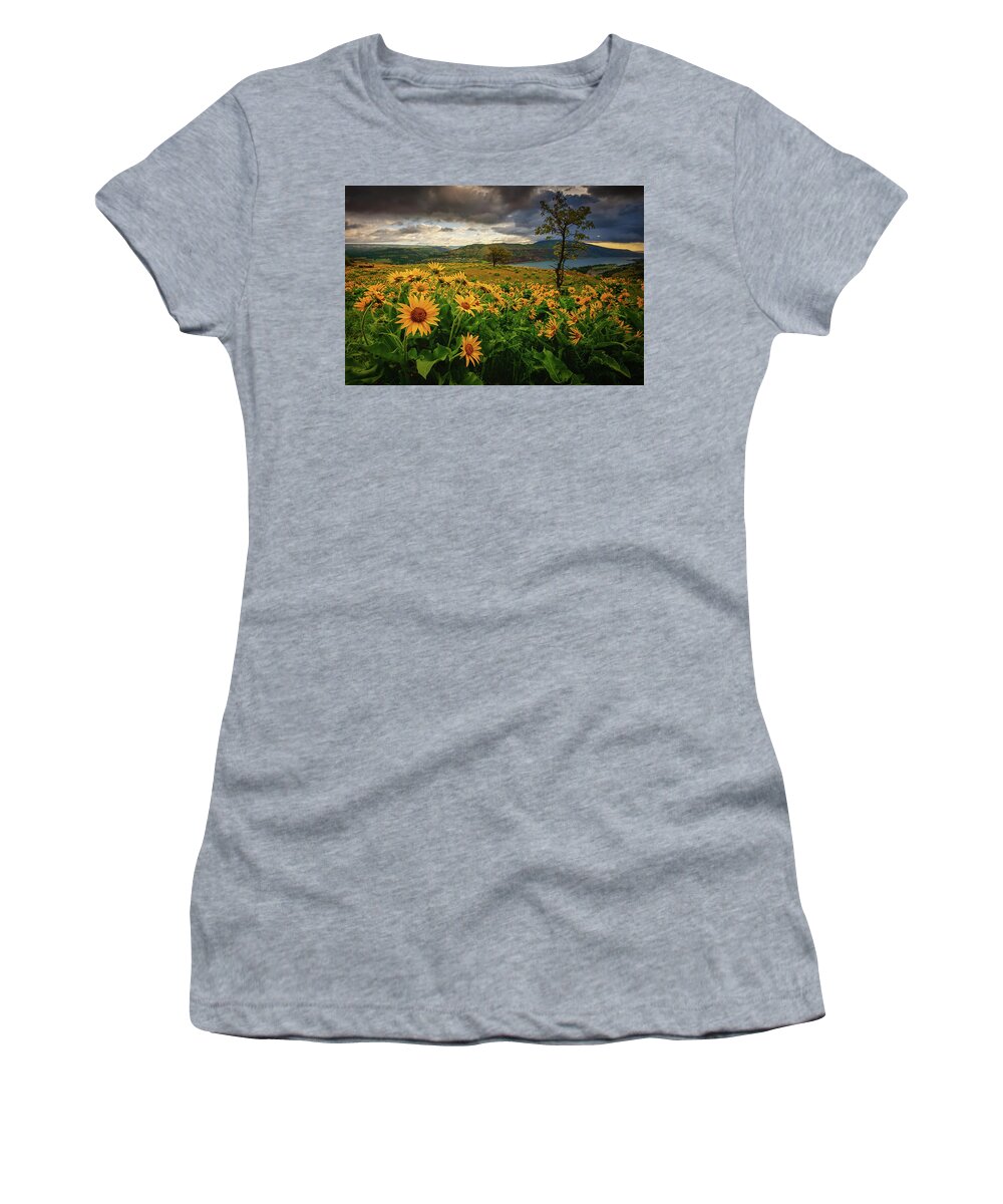 Rowena Crest Women's T-Shirt featuring the photograph Columbia Gorge Blooms by Dan Mihai