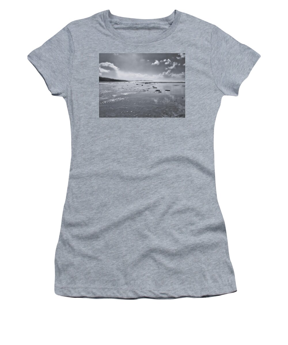 Tofino Women's T-Shirt featuring the photograph Comber's Beach Morning Black and White by Allan Van Gasbeck