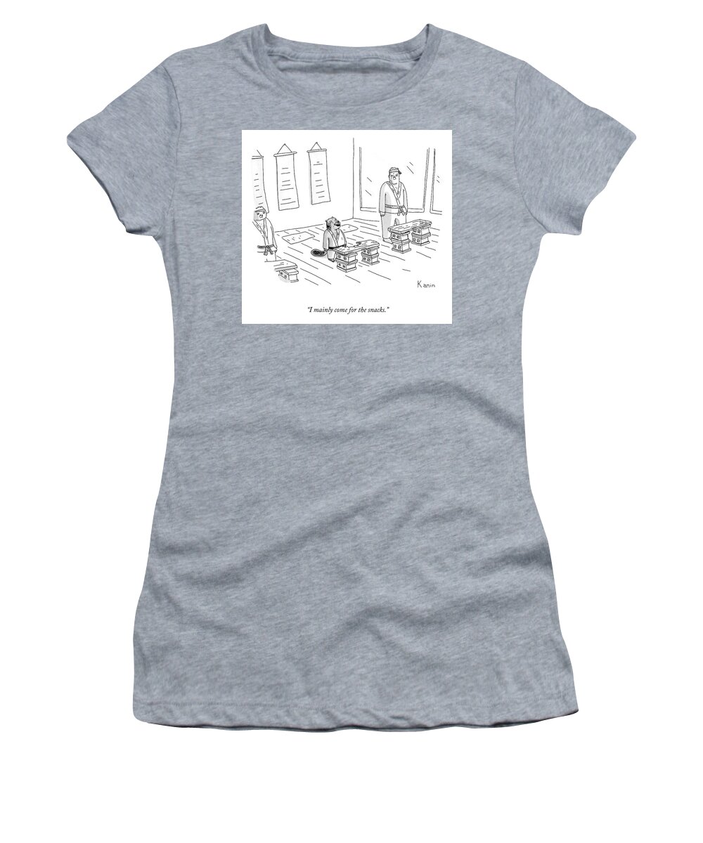 I Mainly Come For The Snacks.” Karate Women's T-Shirt featuring the drawing Come for the Snacks by Zachary Kanin