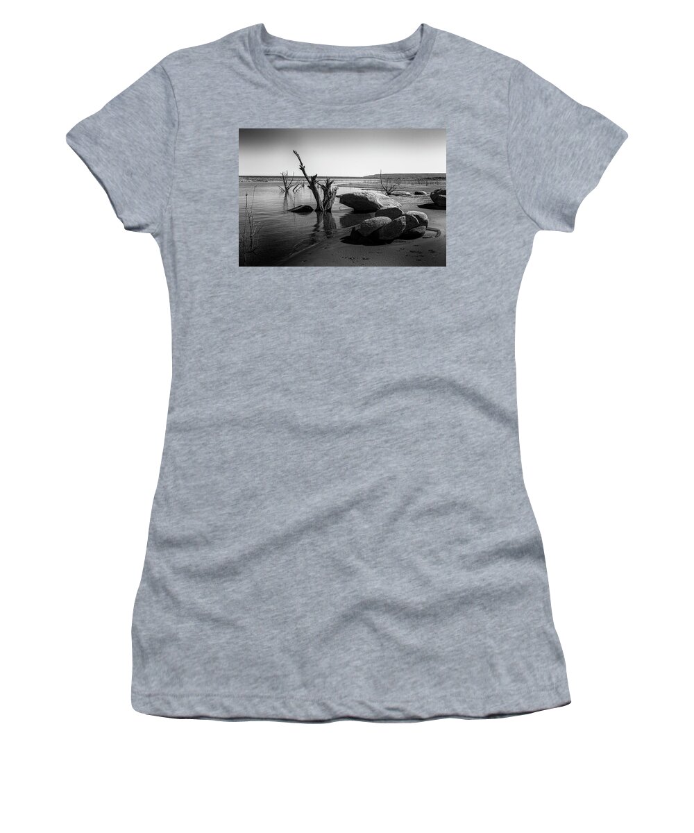 Black And White Women's T-Shirt featuring the photograph Conchas Lake New Mexico Low Water by Mary Lee Dereske