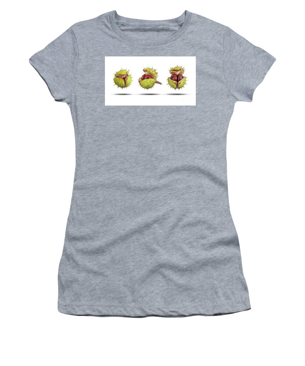 Conker Women's T-Shirt featuring the photograph Conker cases opening in three stages isolated by Simon Bratt