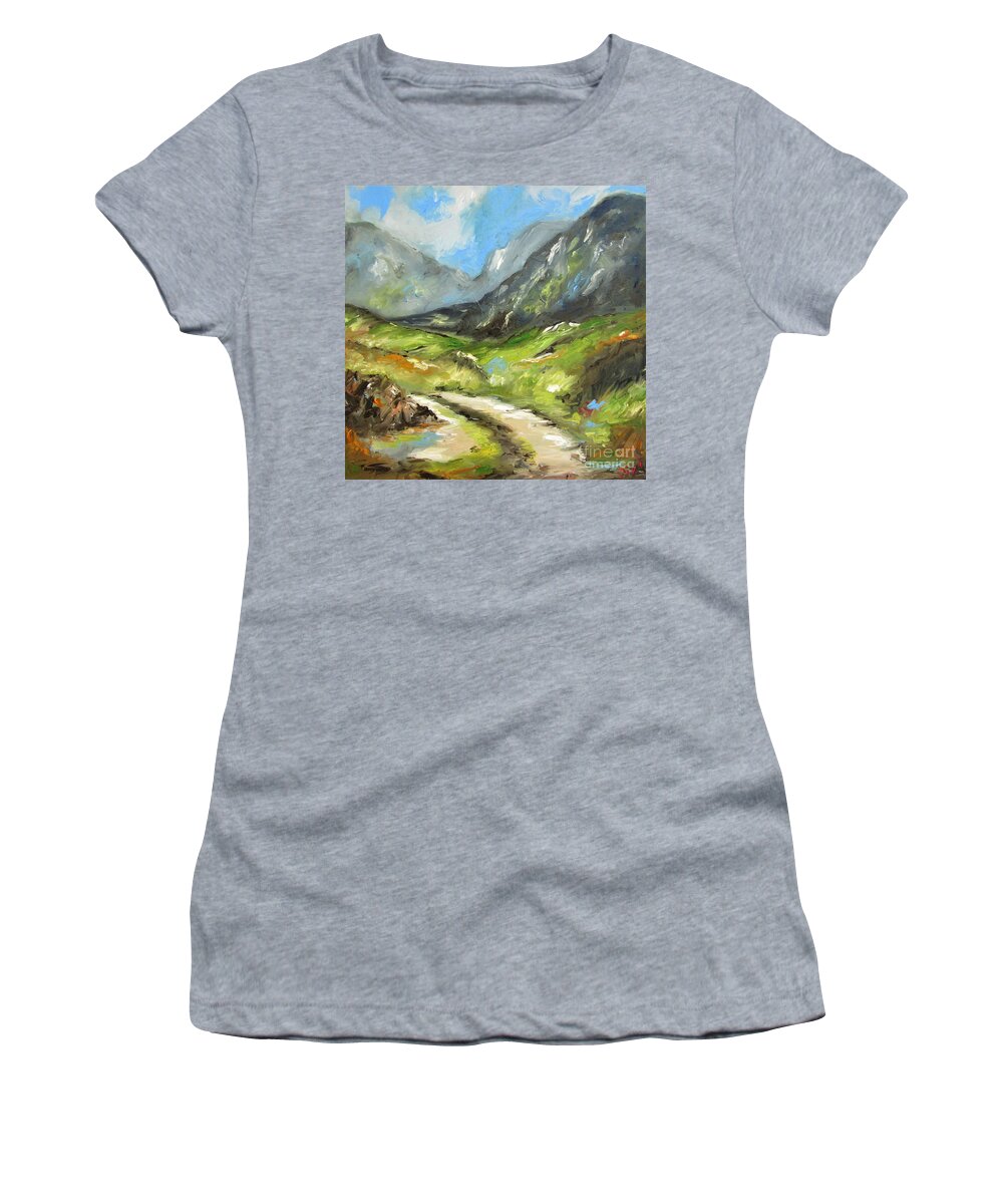 Landscape Women's T-Shirt featuring the painting Connemara galway ireland landscape art by Mary Cahalan Lee - aka PIXI