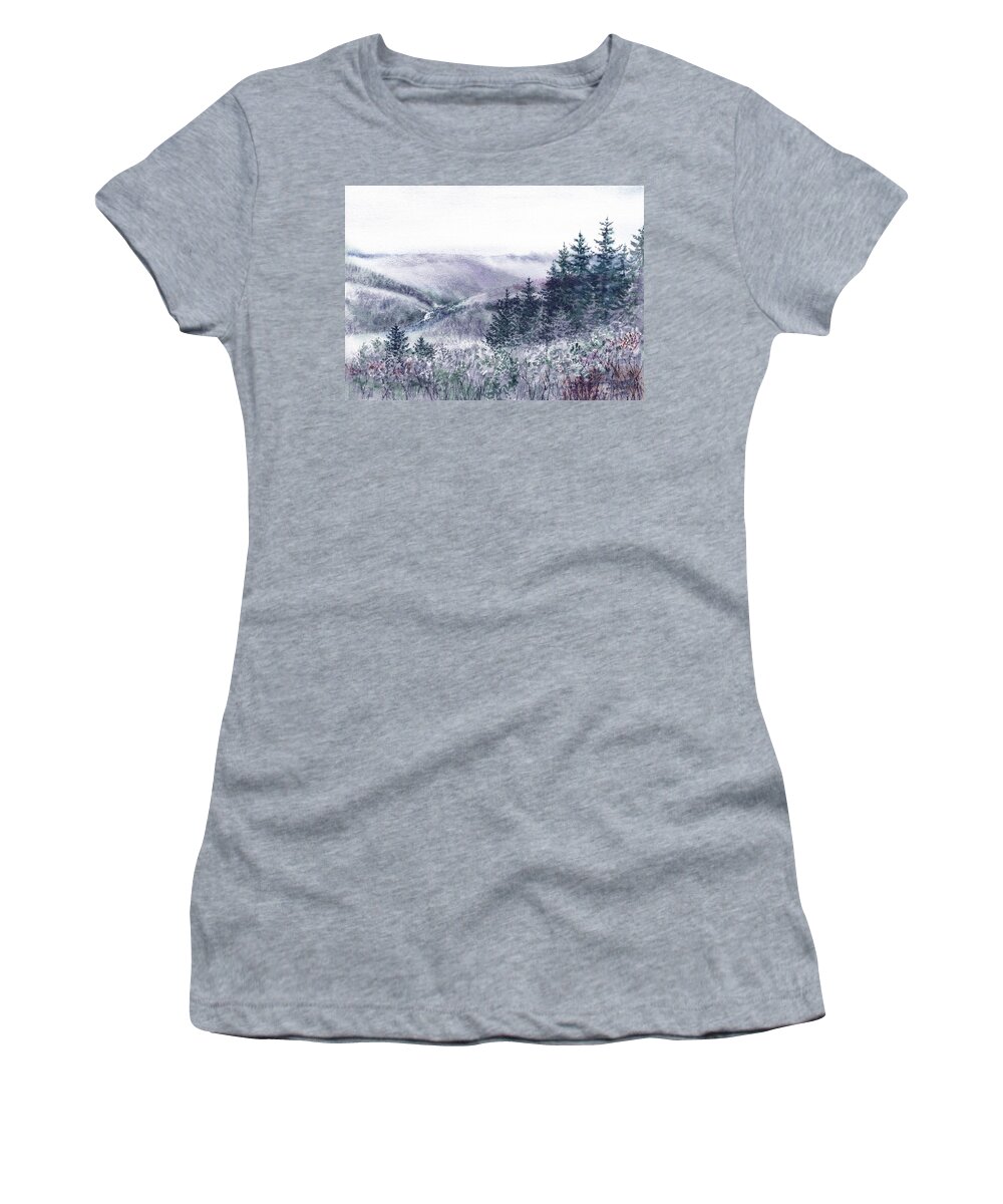 Landscape Women's T-Shirt featuring the painting Cool Blue And Soft Purple Watercolor Mountains And Forest by Irina Sztukowski