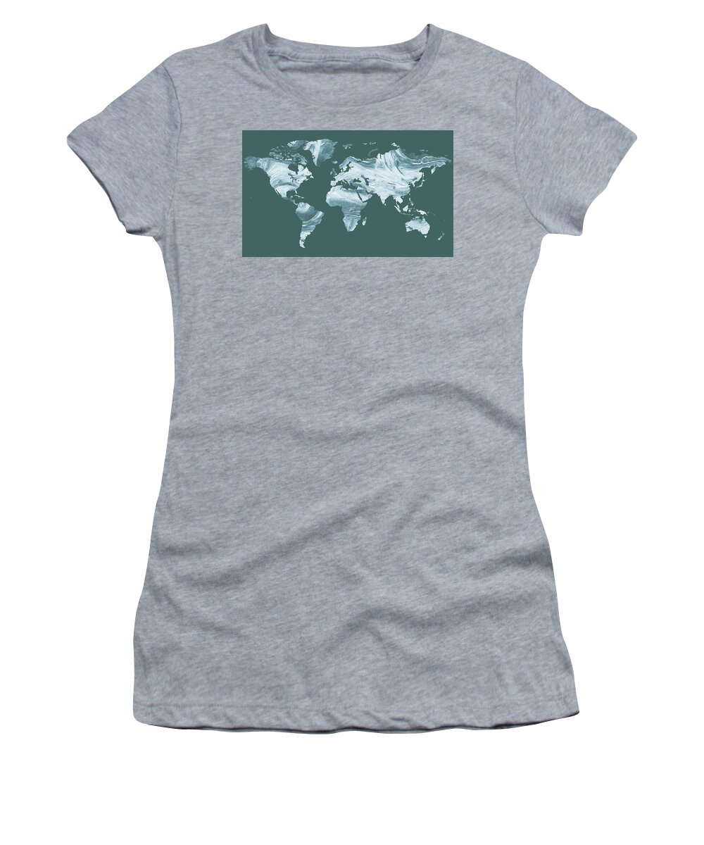 World Map Women's T-Shirt featuring the painting Cool Teal Gray Blue Watercolor Silhouette World Map by Irina Sztukowski