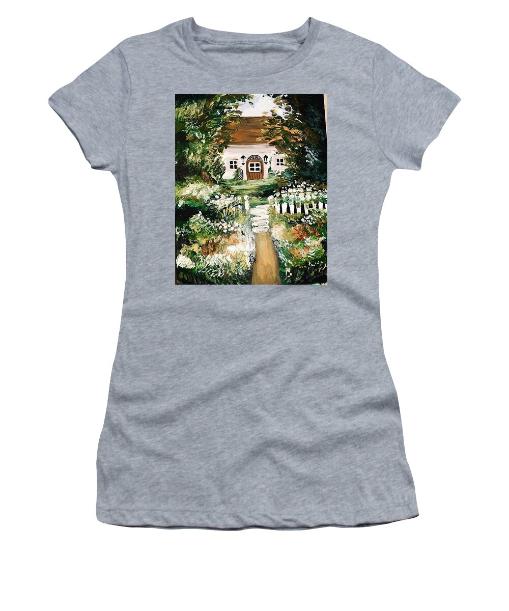 Home Decor House Landscape Woods Floral Flowers Cottage Dreamy Women's T-Shirt featuring the painting Cottage in the woods by Meredith Palmer