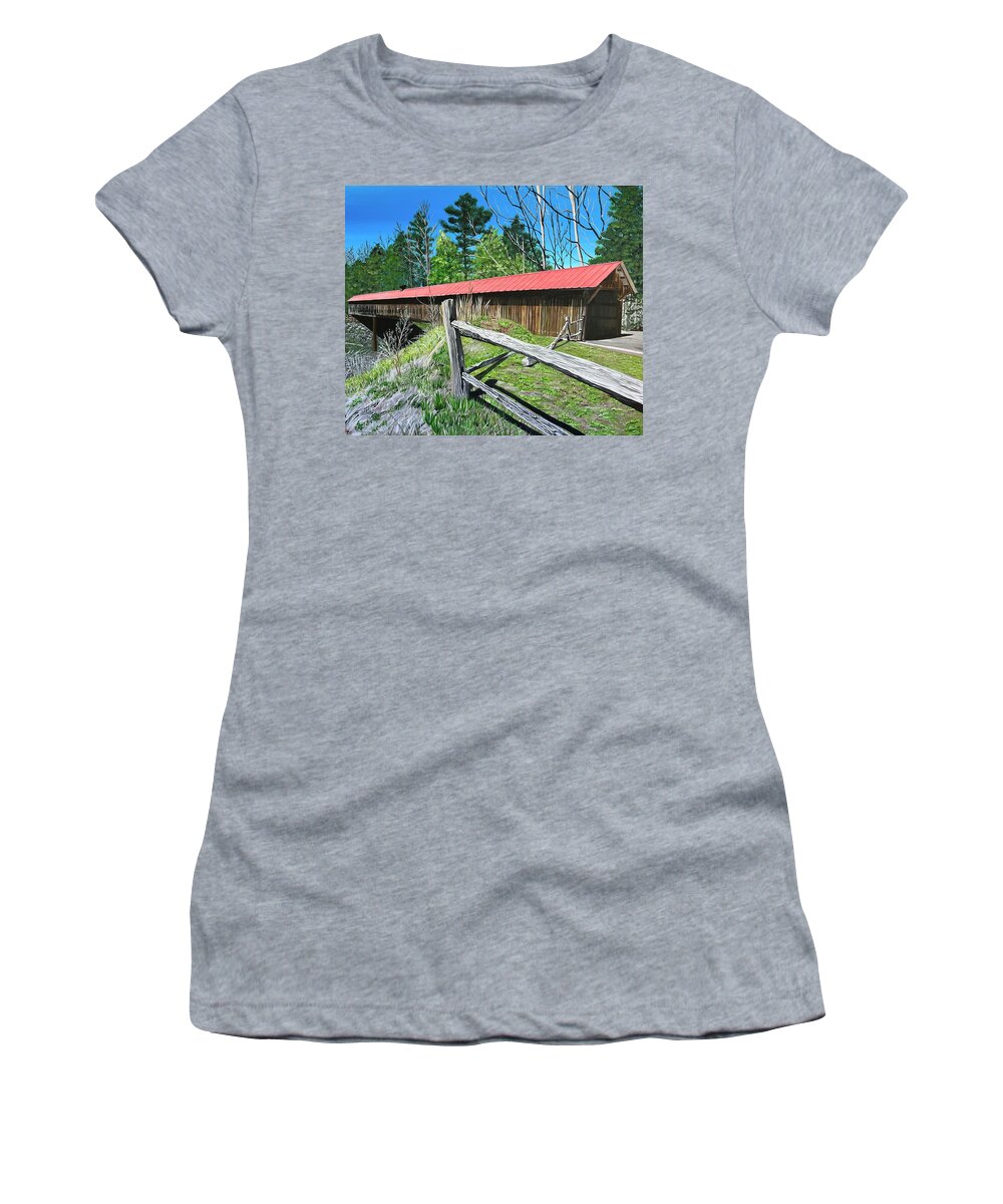 Covered Bridge Women's T-Shirt featuring the painting Covered Bridge #2 by Boots Quimby