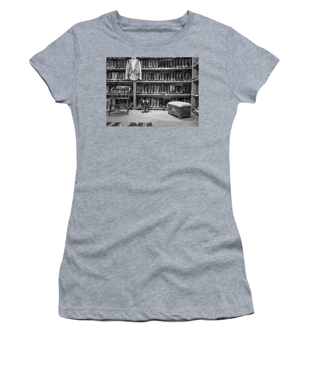 Western Women's T-Shirt featuring the photograph Cowboy Boots at Horsefeathers Shop Taos New Mexico by Mary Lee Dereske