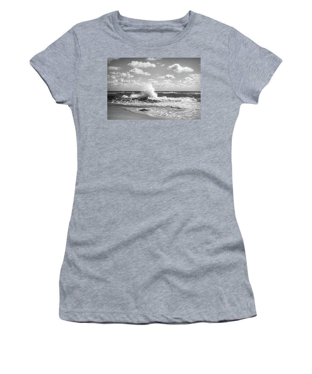 Clouds Women's T-Shirt featuring the photograph Crashing into Shore in Black and White by Debra and Dave Vanderlaan