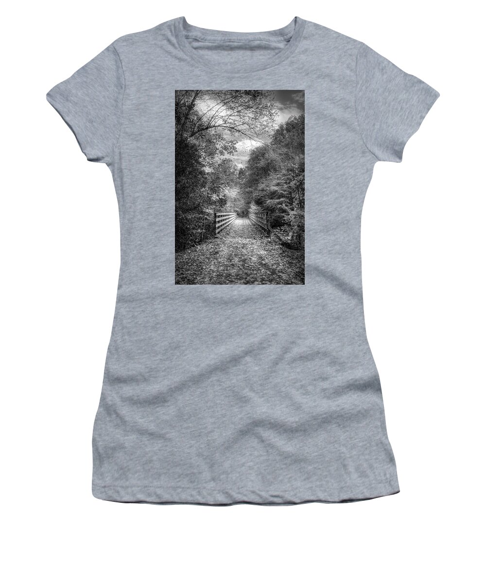 Clouds Women's T-Shirt featuring the photograph Creeper Trail Wooden Bridge Damascus Virginia Black and White by Debra and Dave Vanderlaan