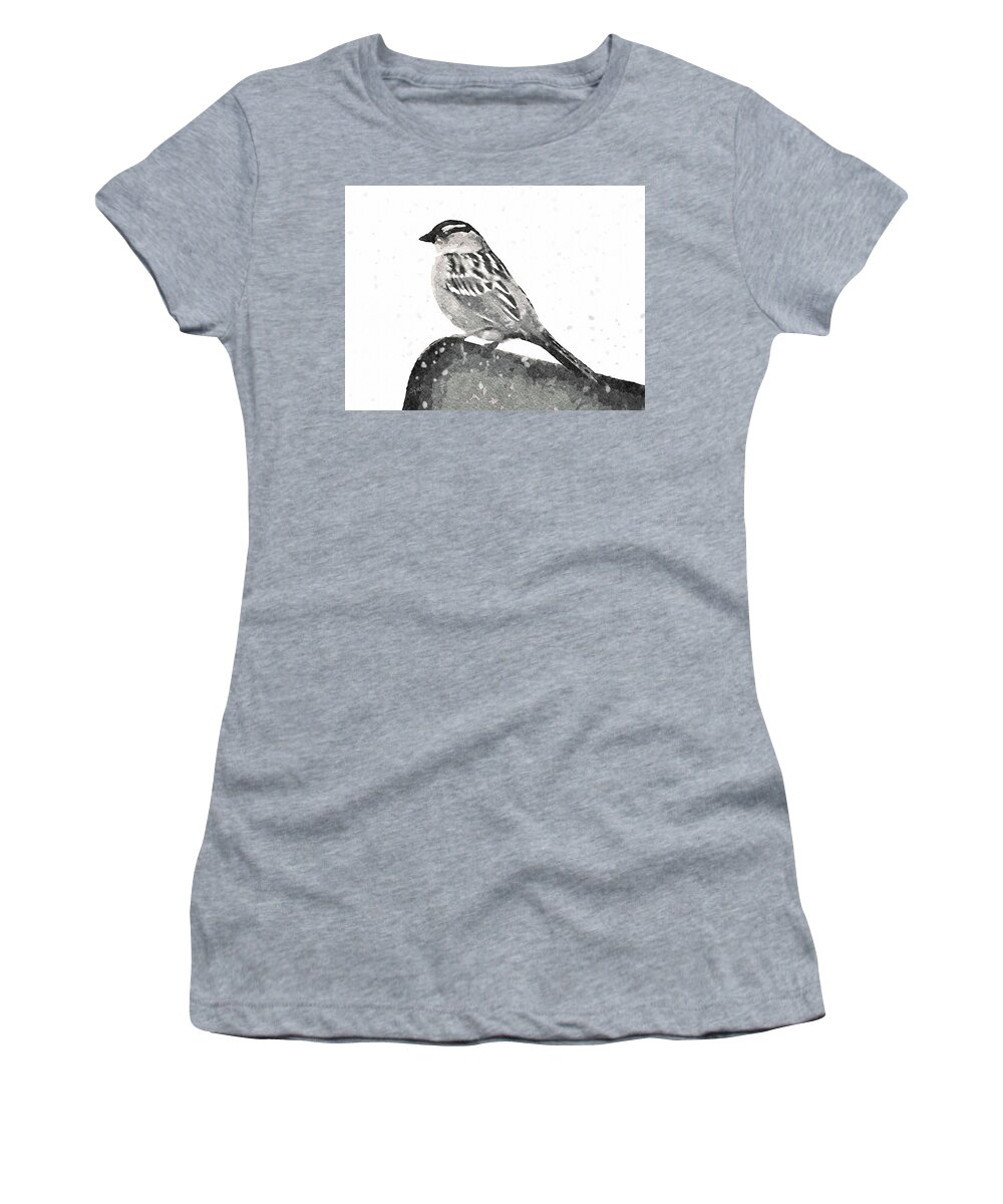 Bird Women's T-Shirt featuring the digital art Crested Sparrow in the Snow-Bird Painting by Shelli Fitzpatrick