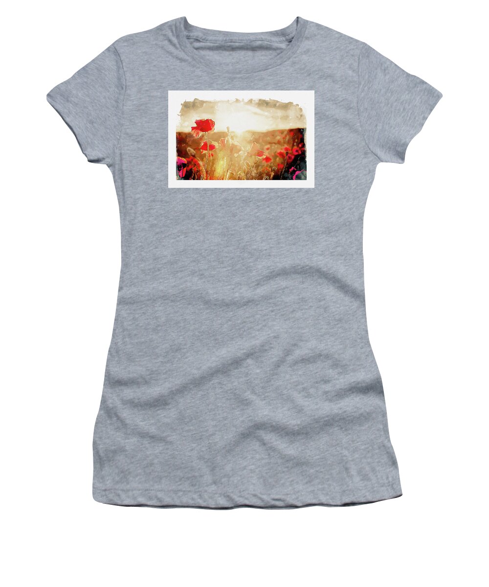 Poppy Sunset Women's T-Shirt featuring the digital art Crimson Fields by Airpower Art
