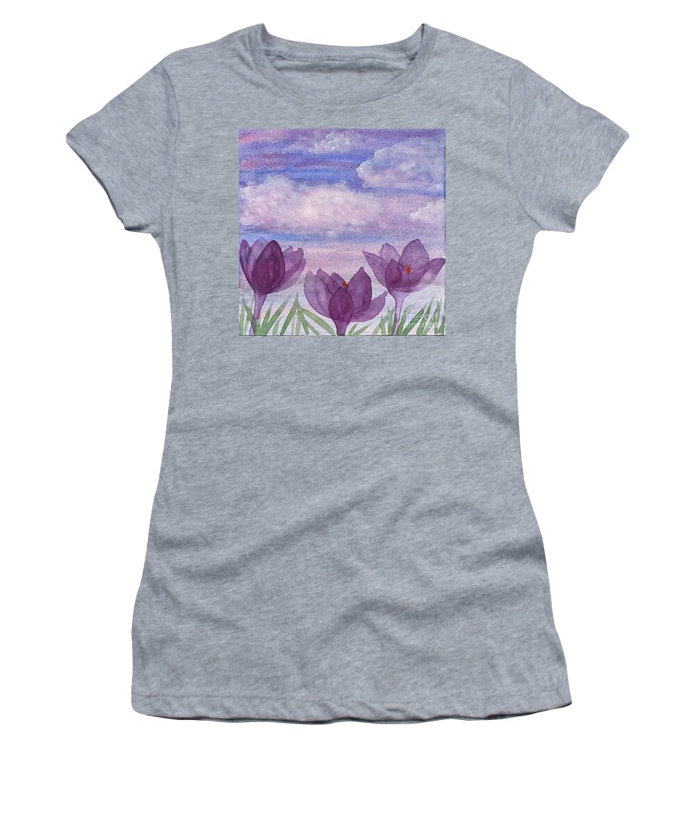 Crocuses Women's T-Shirt featuring the painting Crocuses and Clouds by Lisa Neuman