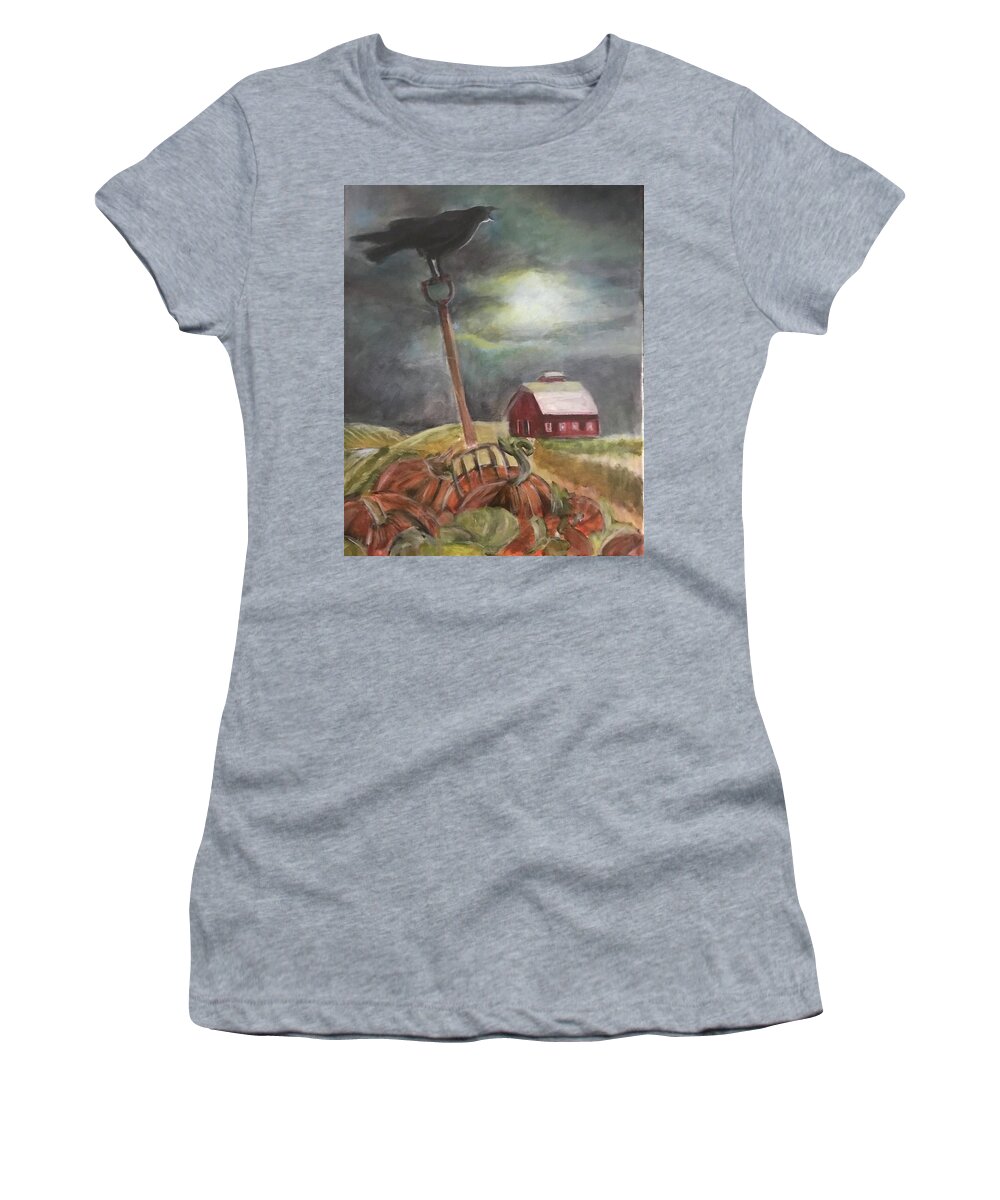 Crow Women's T-Shirt featuring the painting Crow In Pumpkin Patch by Denice Palanuk Wilson