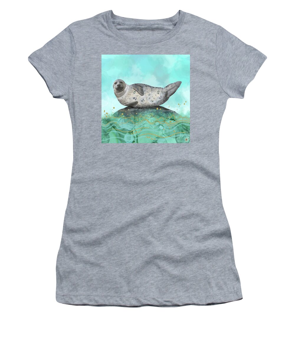 Freshwater Seal Women's T-Shirt featuring the digital art Cute Alaskan Iliamna Seal in Banana Pose by Andreea Dumez