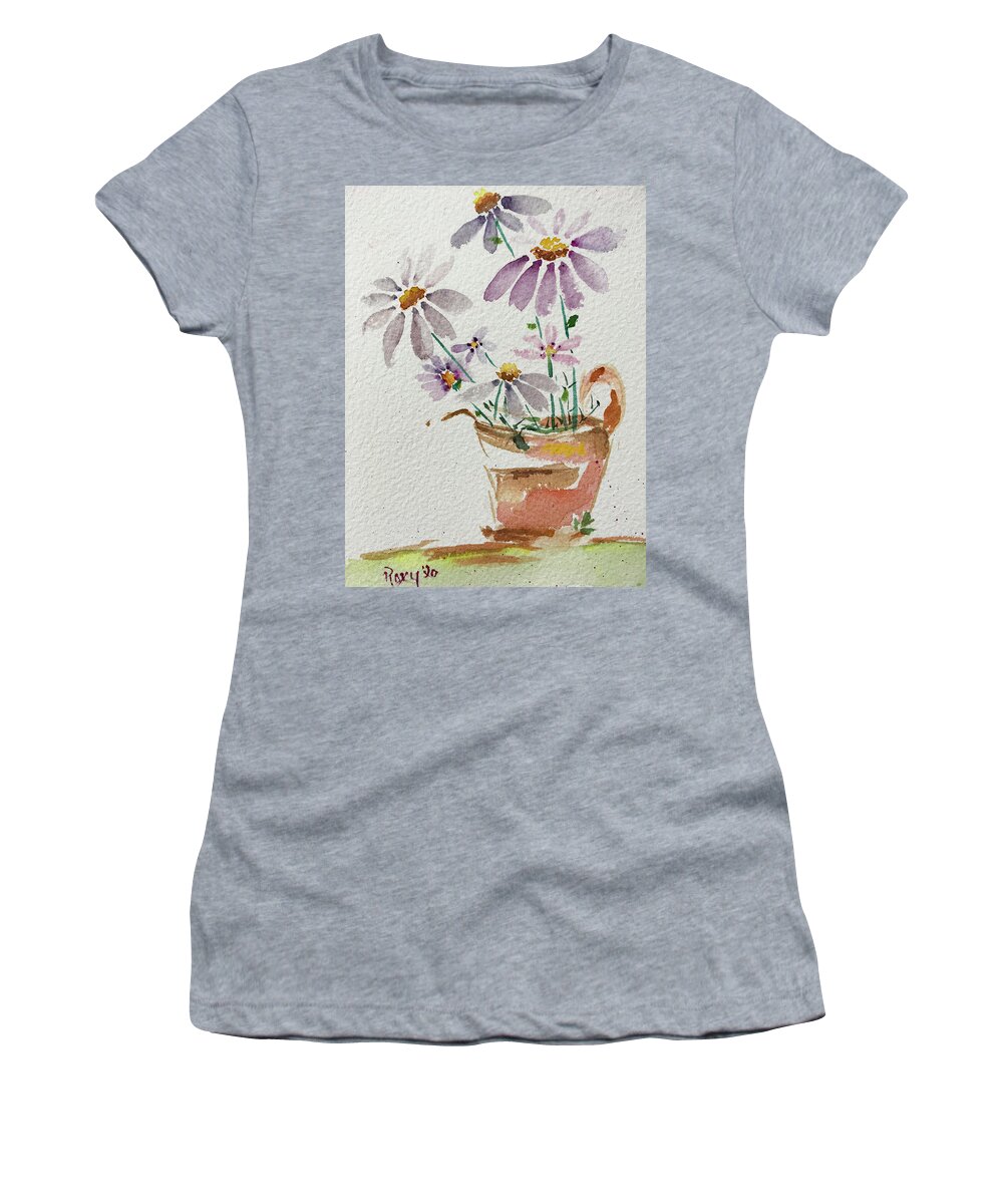Daisy Women's T-Shirt featuring the painting Daisies in a Rusty Copper Pitcher by Roxy Rich