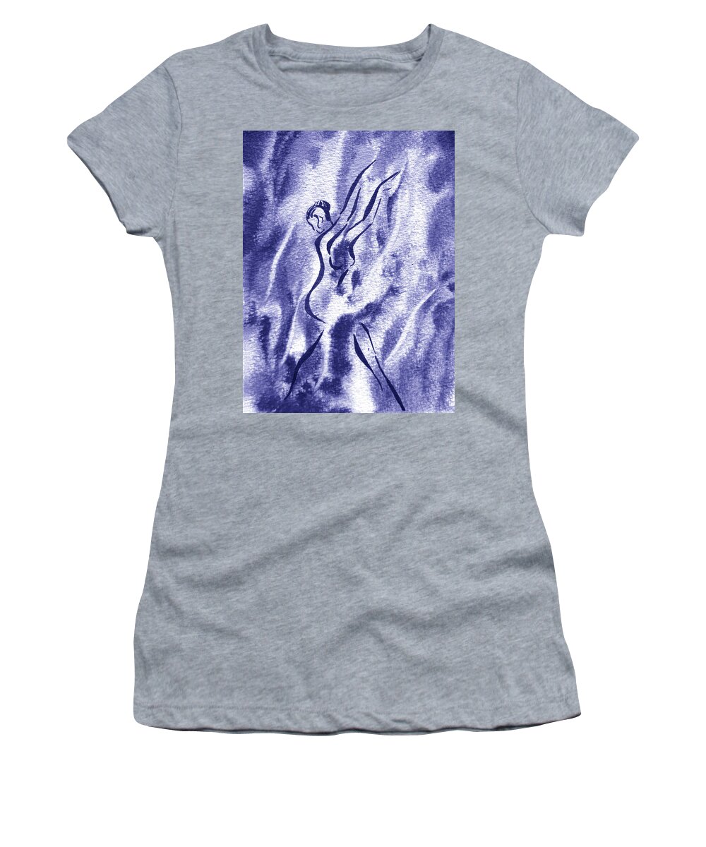 Abstract Dance Women's T-Shirt featuring the painting Dancing Lady On The Wave Watercolor Abstract Water In Blue Purple Very Peri Decor XI by Irina Sztukowski
