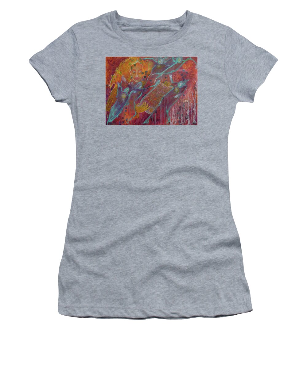 Dancing With Fire Women's T-Shirt featuring the painting Dancing With Fire Interpreting the Calligraphy of Its Burns by Feather Redfox