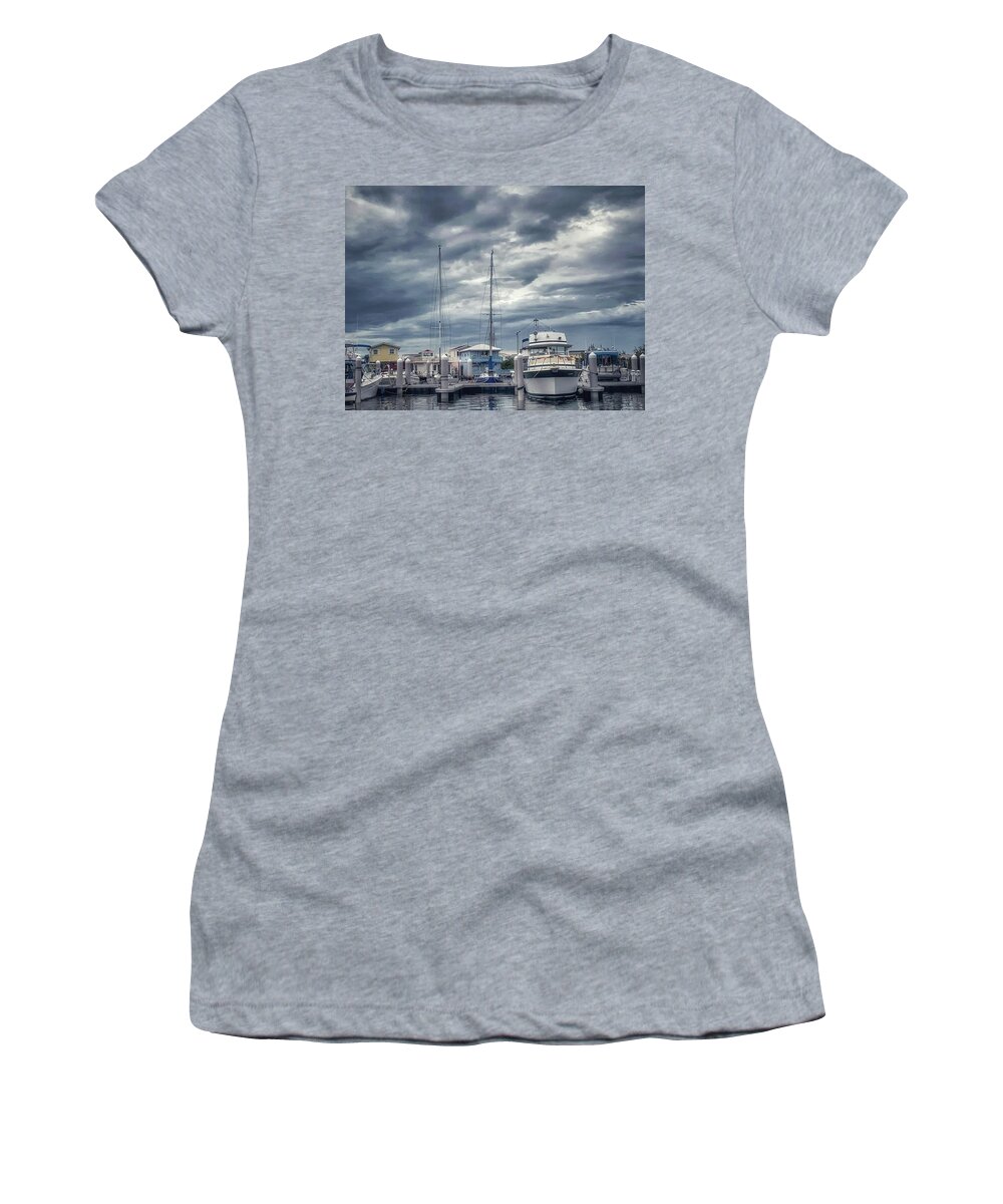 Boats Storm Women's T-Shirt featuring the photograph Dark Clouds by Sue M Swank