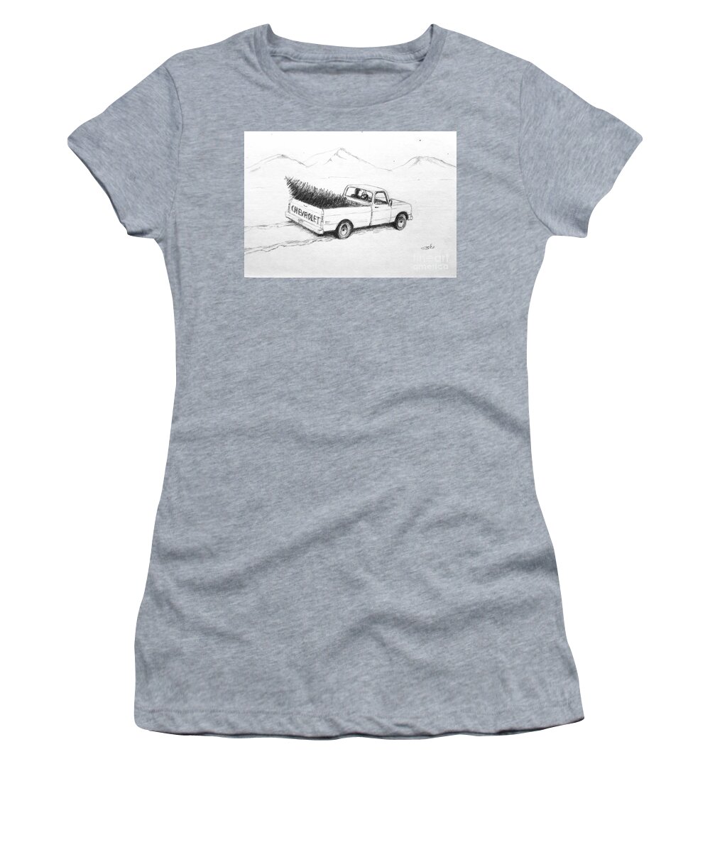 Christmas Women's T-Shirt featuring the drawing Driving Through the Snow by Stacy C Bottoms