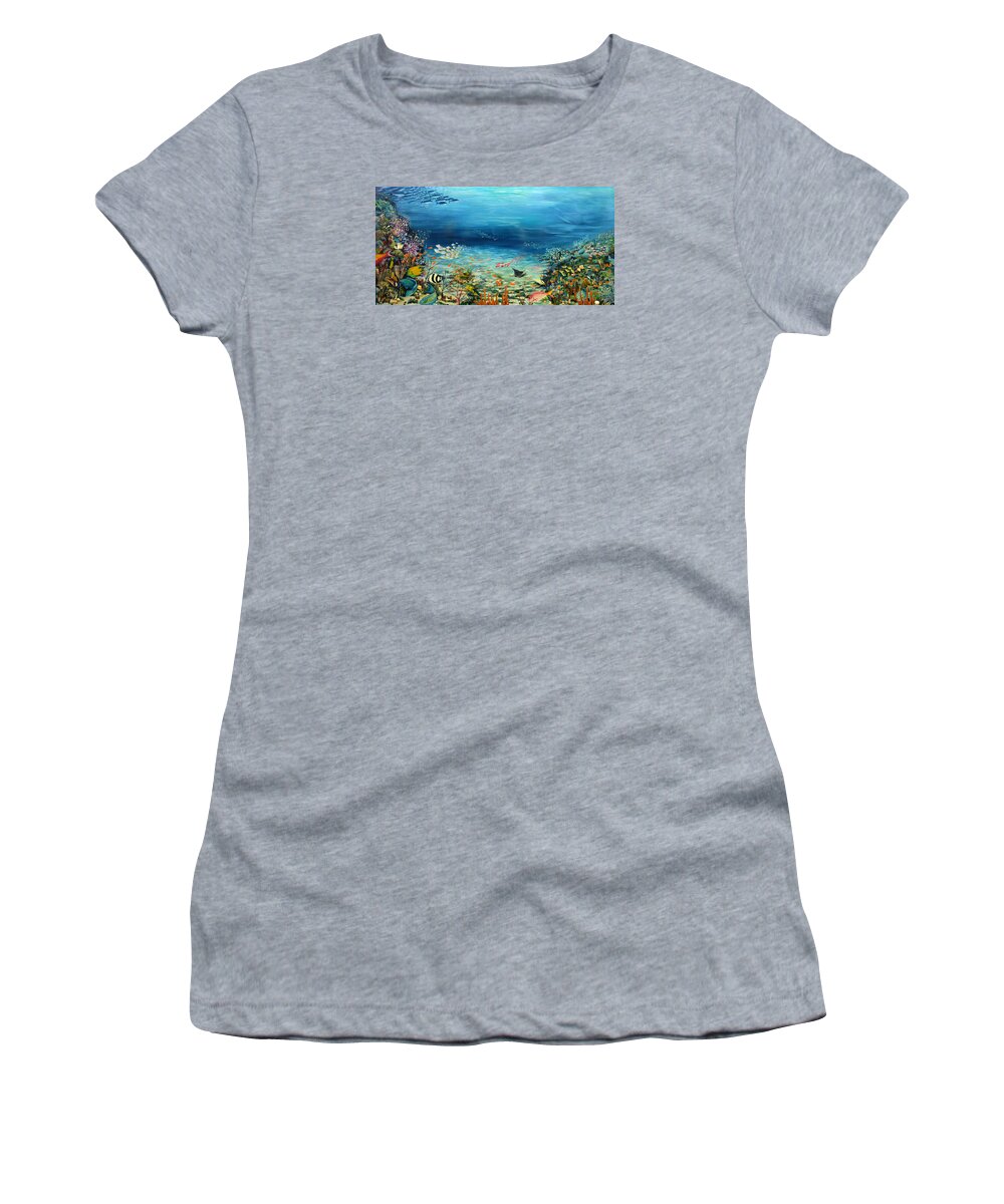 Ocean Painting Undersea Painting Coral Reef Painting Caribbean Painting Calypso Reef Painting Undersea Fishes Coral Reef Blue Sea Stingray Painting Tropical Reef Painting Tropical Painting Women's T-Shirt featuring the painting Deep Blue Dreaming by Karin Dawn Kelshall- Best