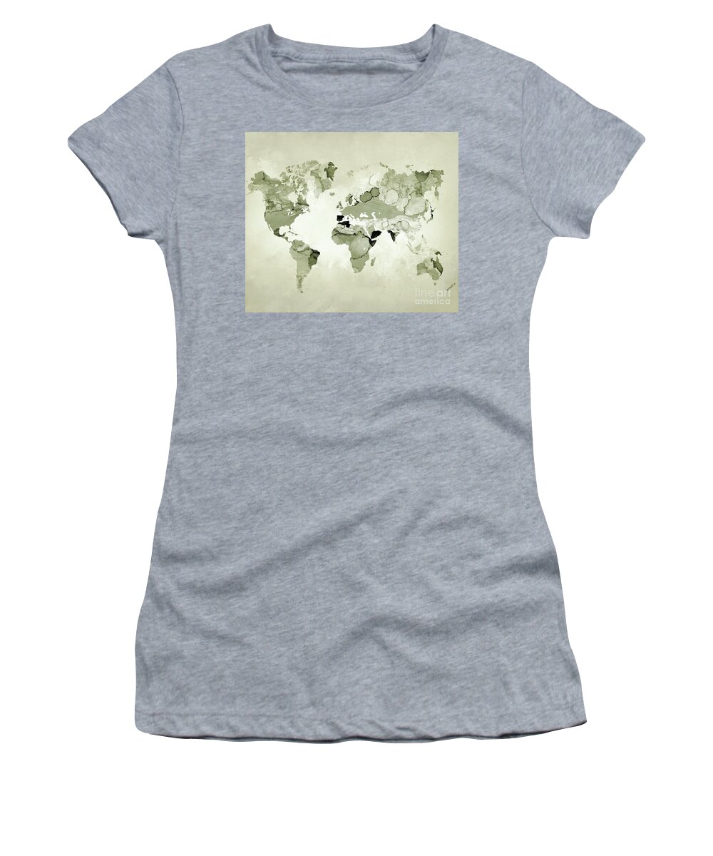 World Map Women's T-Shirt featuring the mixed media Design 123 Olive Green World Map by Lucie Dumas