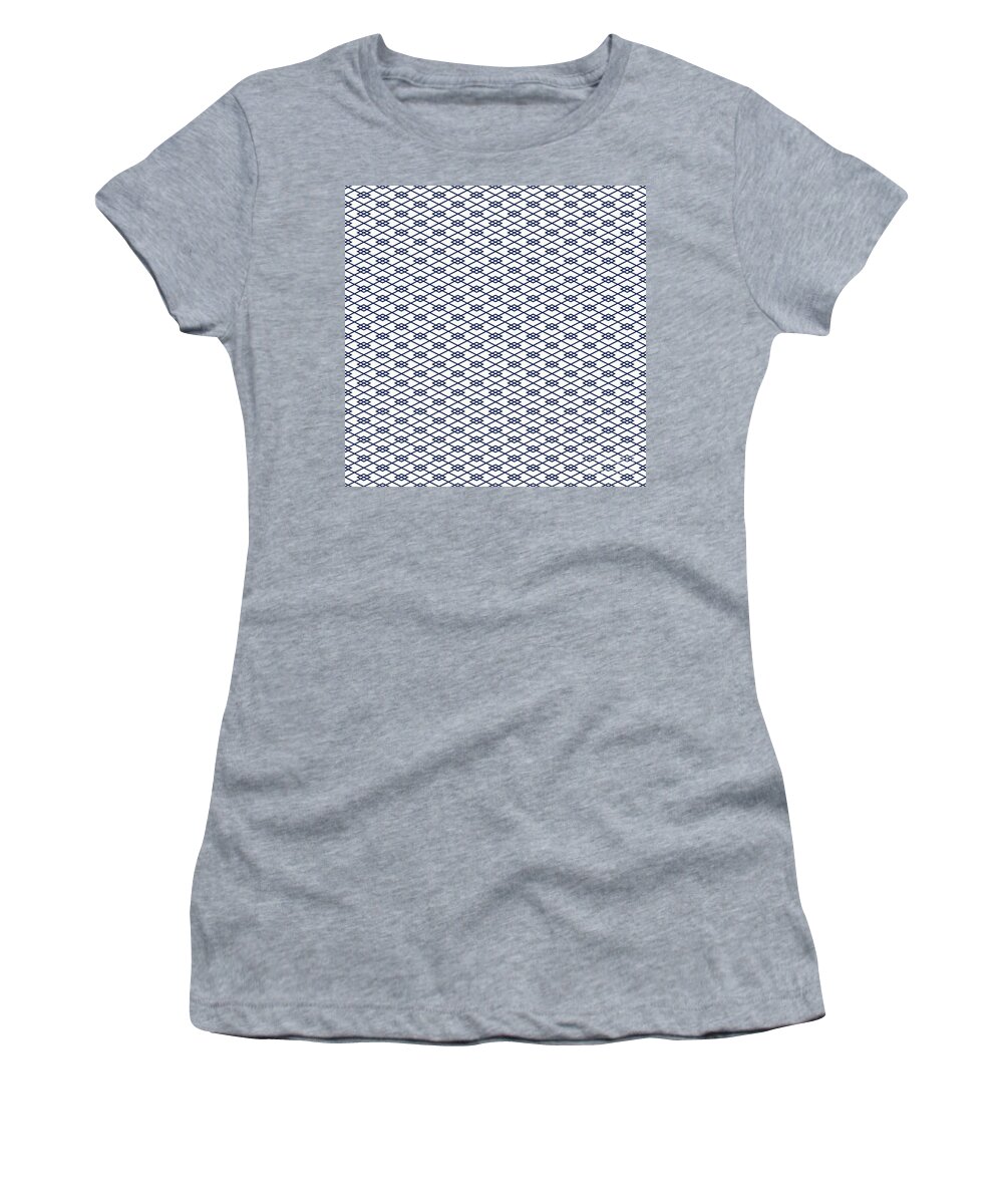 Pattern Women's T-Shirt featuring the painting Diagonal Hishi Grid With Diamond Pattern in Soft White And Navy Blue n.2710 by Holy Rock Design