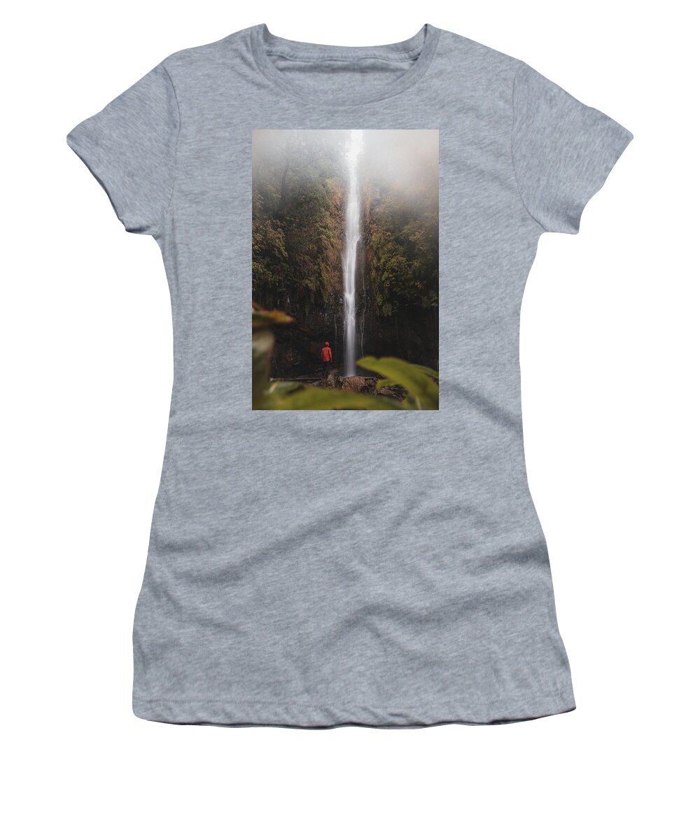 25fontes Waterfall Women's T-Shirt featuring the photograph Discoverer standing under 25 fontes waterfall, Madeira by Vaclav Sonnek
