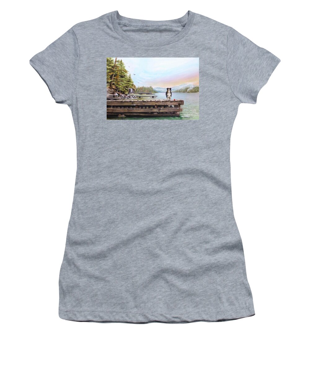 Dock Women's T-Shirt featuring the painting Dock Dog by Jeanette Ferguson