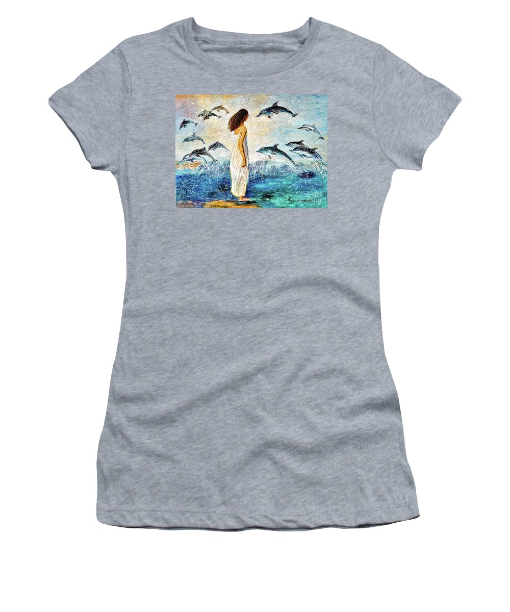 Dolphin Women's T-Shirt featuring the painting Dolphin Bay by Shijun Munns