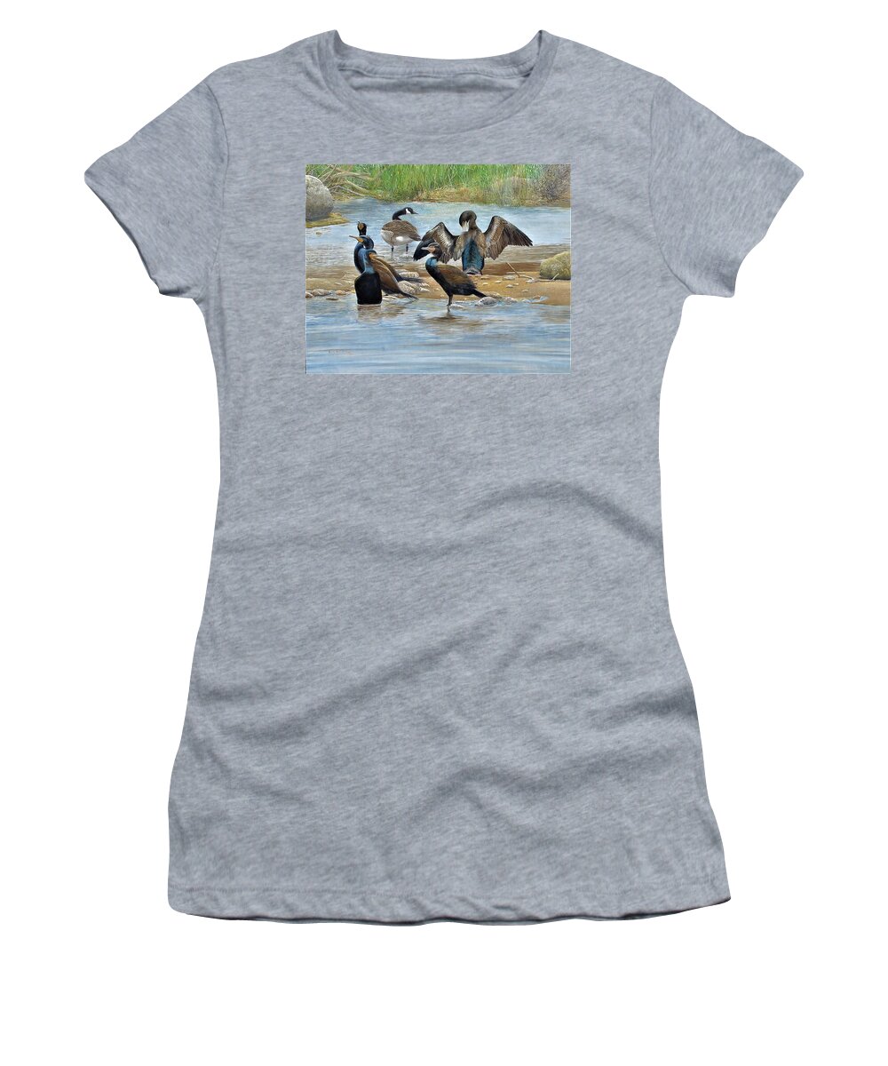 Double-crested Cormorant Women's T-Shirt featuring the painting Double-crested Cormorants with Canada Goose by Barry Kent MacKay