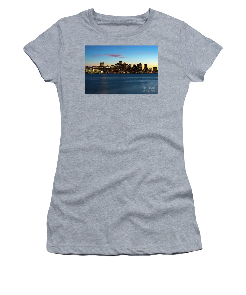 2014 Women's T-Shirt featuring the photograph Downtown Boston Skyline at Night Sunset Photo by Paul Velgos
