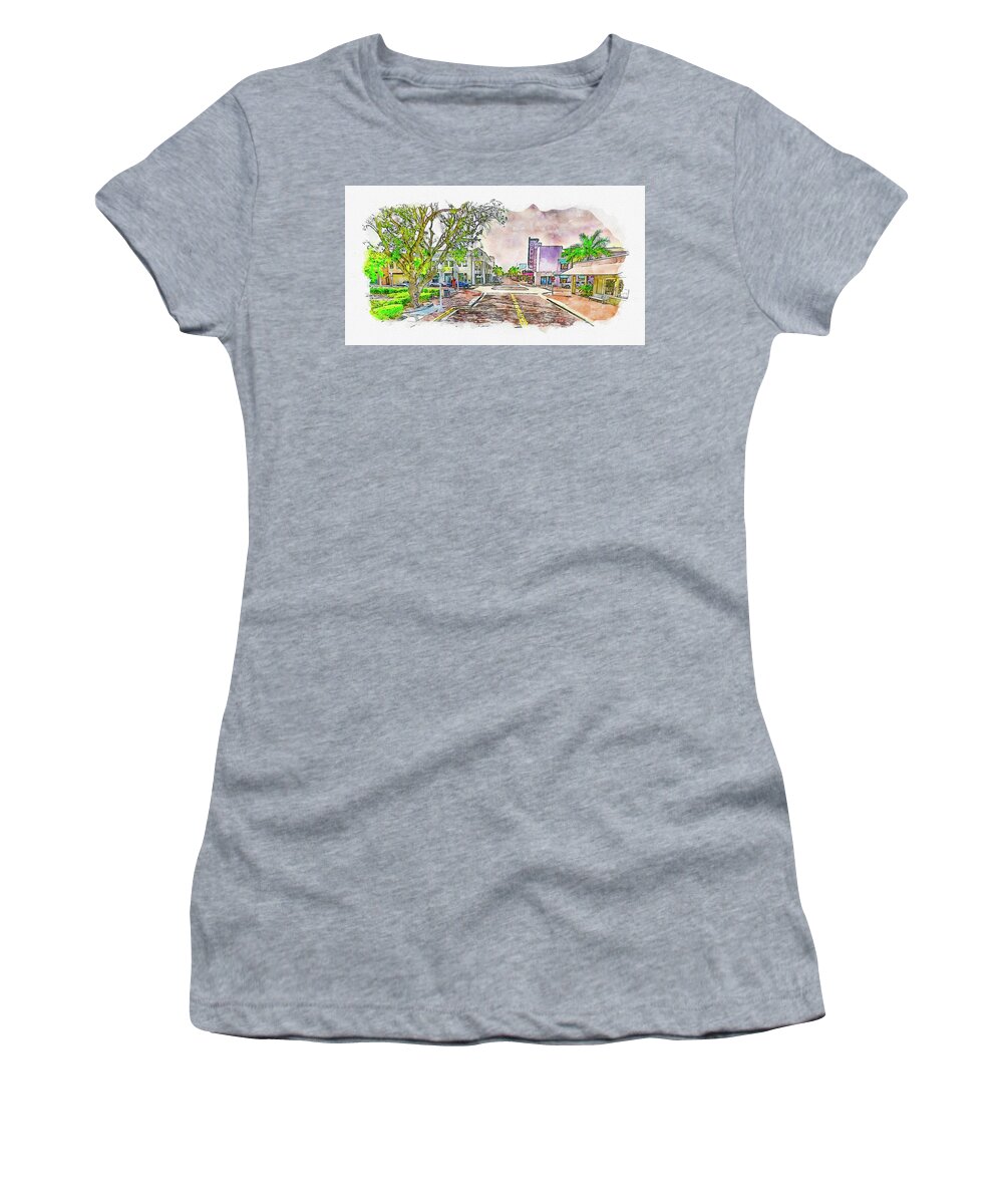 Downtown Fort Myers Women's T-Shirt featuring the digital art Downtown Fort Myers, Florida, near the Edison Theatre - pen sketch and watercolor by Nicko Prints