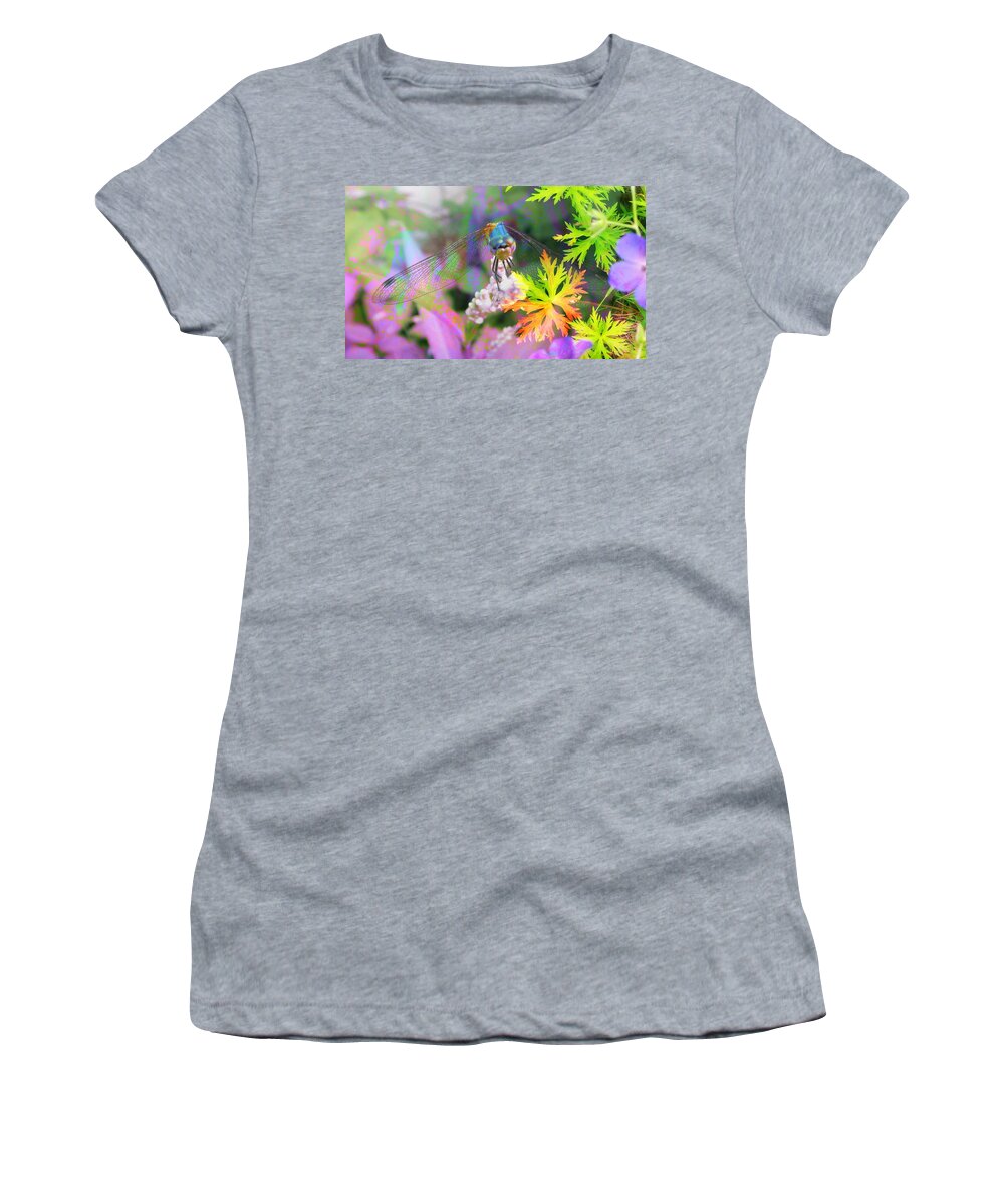 Dragonfly On Spinners Geranium Women's T-Shirt featuring the photograph Dragonfly on Spinners Geranium by Mike Breau