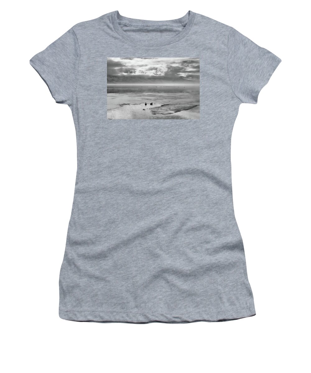 Black And White Photography Women's T-Shirt featuring the photograph Ducks on a Pond Black and White by Allan Van Gasbeck