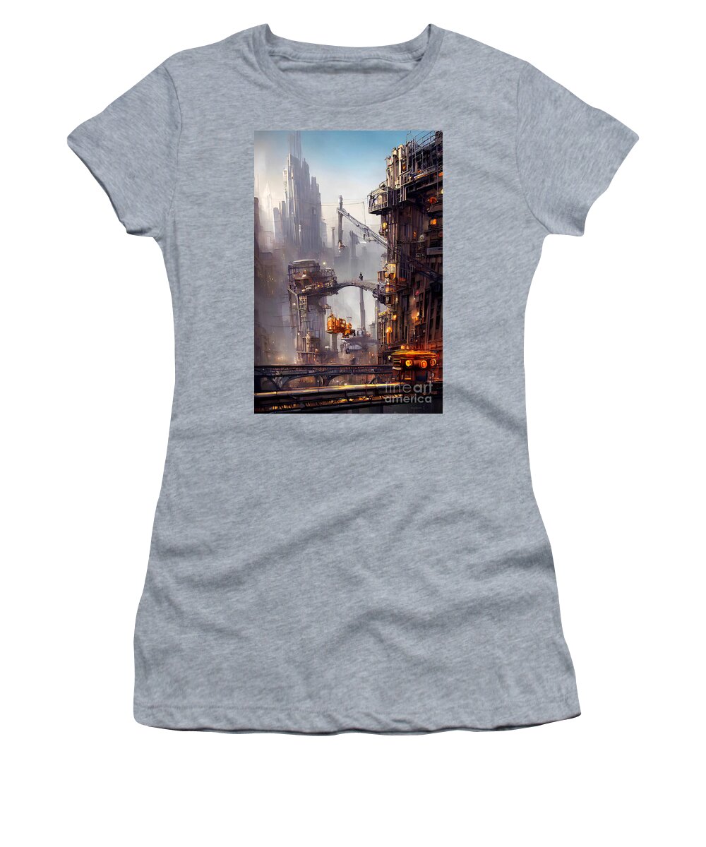Wingsdomain Women's T-Shirt featuring the mixed media Dystopian Cityscape The Construction Site 20221003a by Wingsdomain Art and Photography