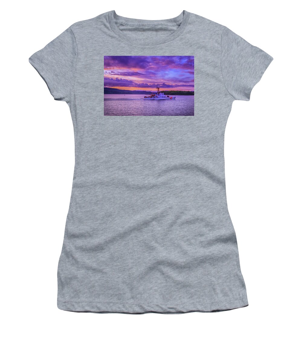 Coast Guard Women's T-Shirt featuring the photograph Early Morning and the U S Coast Guard Cutter by Sally Bauer
