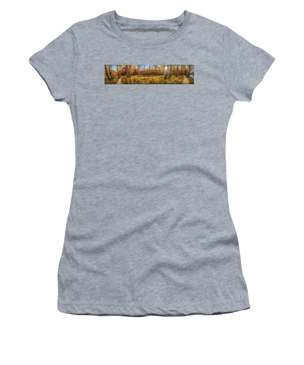 Panorama Women's T-Shirt featuring the photograph Early Morning Autumn Meeting Panorama by Debra and Dave Vanderlaan