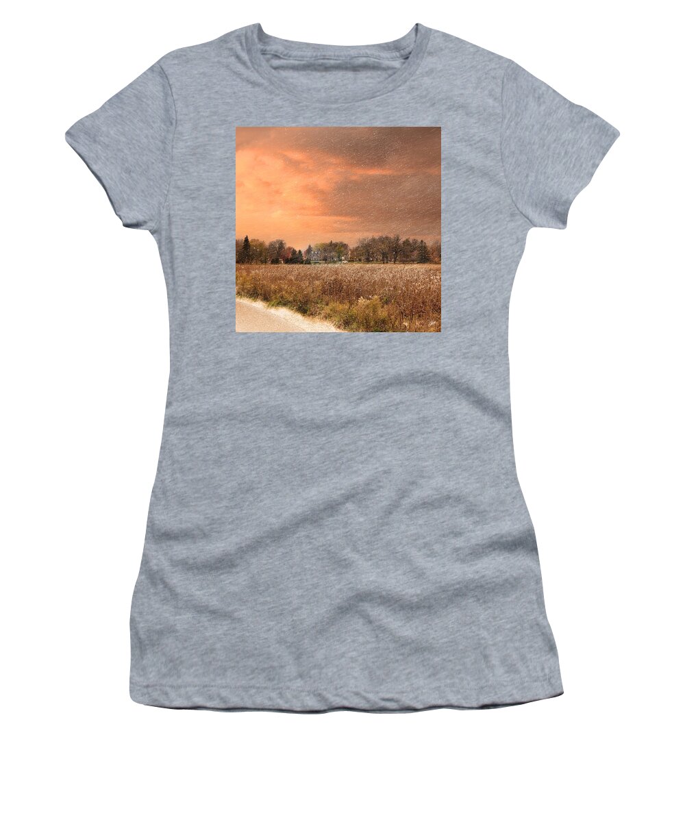 Lake Nokomis Women's T-Shirt featuring the digital art Early Morning Snow Flurries at Lake Nokomis by Glenn Galen