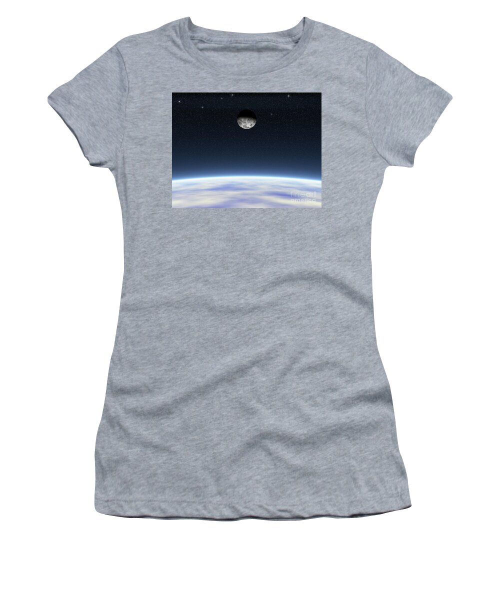 Earth Women's T-Shirt featuring the digital art Earth And Moon by Phil Perkins