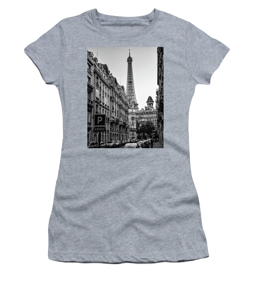 France Women's T-Shirt featuring the photograph Eiffel Tower in Black And White by Jim Feldman