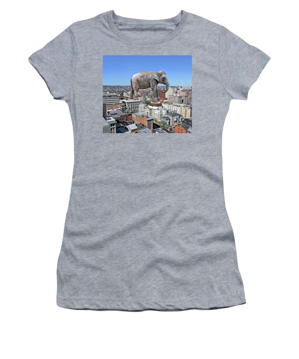 2d Women's T-Shirt featuring the digital art Elephant Tightrope Over Baltimore by Brian Wallace