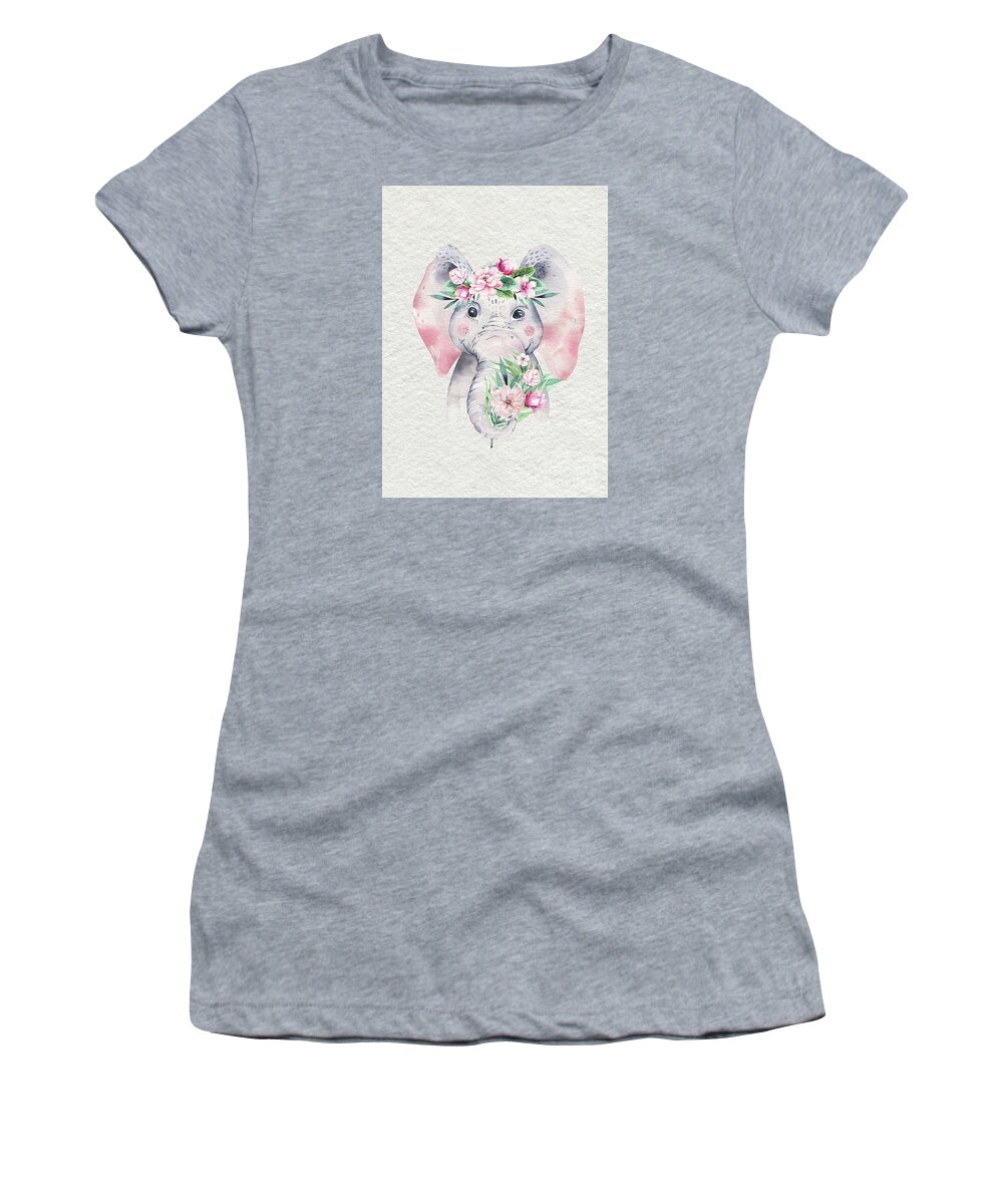 Elephant Women's T-Shirt featuring the painting Elephant With Flowers by Nursery Art