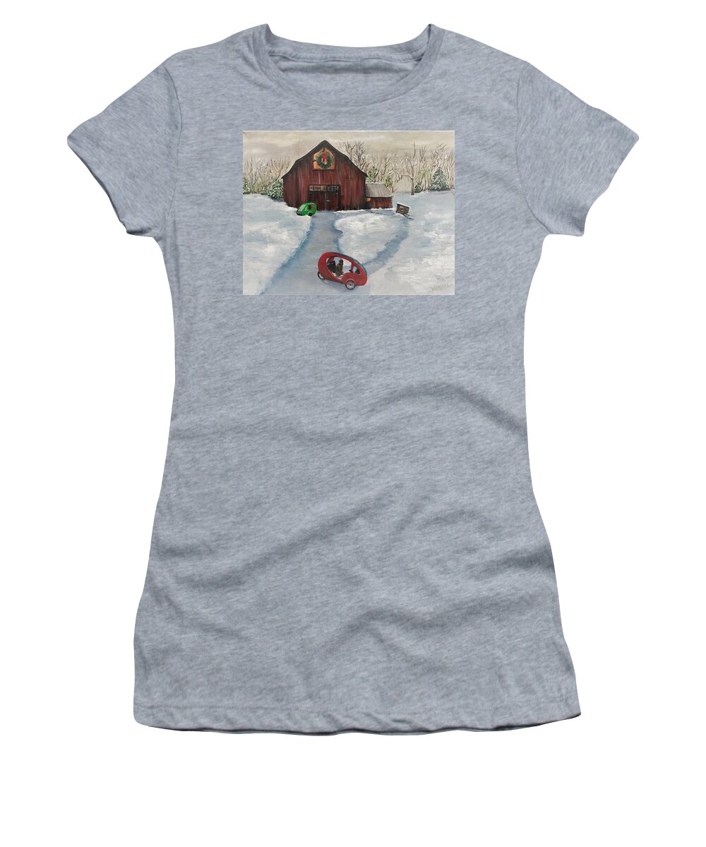 Snow Scene Women's T-Shirt featuring the painting ELF Holiday Scene 2021 by Deborah Naves